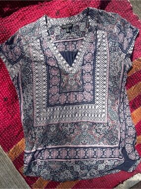 Lucky Brand Navy and Pink Paisley V-Neck Blouse